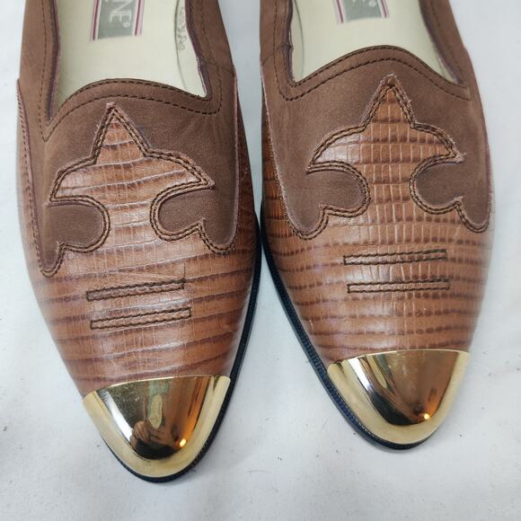 Vtg 90s Josephine Gold Capped Western Nubuck Leather Croc Embossed Flats 8 - Picture 6 of 12